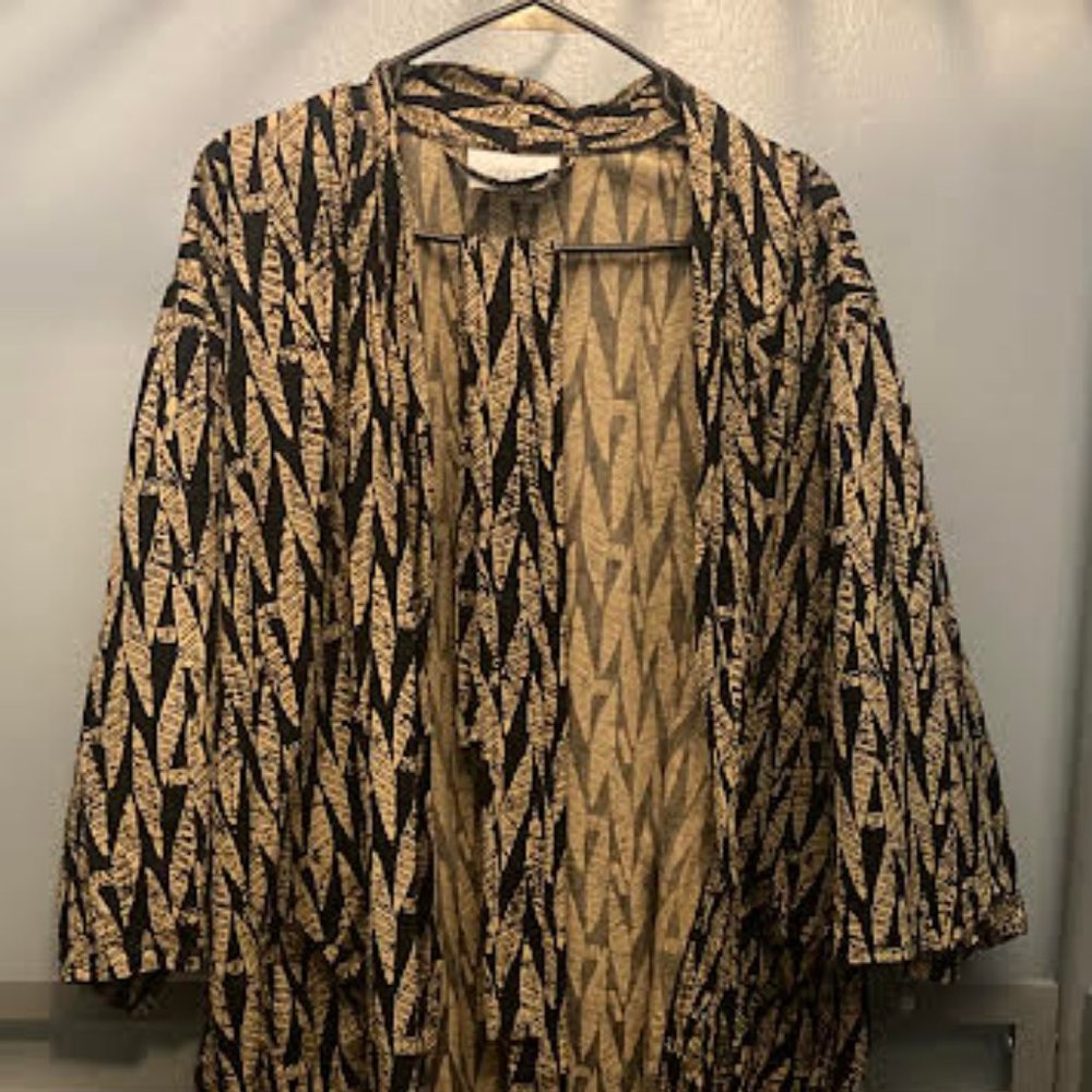Boca Terry Robe One Size 100%Cotton w/ Tie.Black & Beige/Brown Geometric Pattern